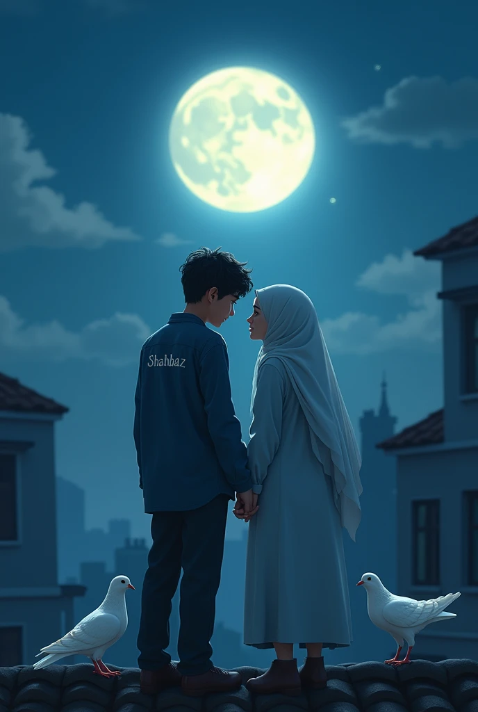 A 20 years  boy and A girl wearing a burqa, both are looking at the moon on the roof in a moonlit night and there are 2 white pigeons making love near them, there is another house near them, Shahbaz is written on the boy's back and Naziya is written on the girl's back It is necessary to have 