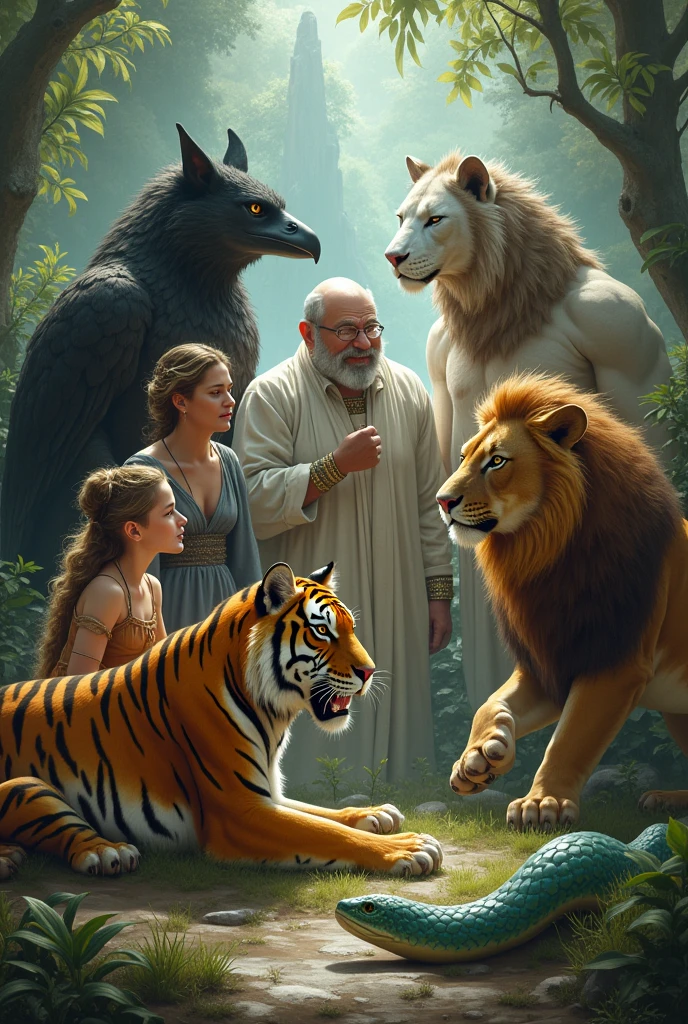 The 7 characters include 4 people, 2 men named Frog and Crow, 2 women named B and C, and 3 animals: Tiger, Lion, Snake.