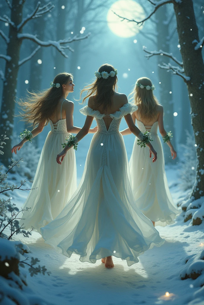 Three fairies in collared and full sleeve gowns, their skin are not revealed. The background is snowy night landscape with misty Forest. White roses and green veins are tangled around their arms. The shadows of night and aurora reflected from their bodies