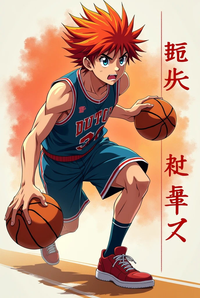A horizontal image of the protagonist of Slam Dunk, Eiun, with the kanji for dribbling, with red hair, and a large, mature face.