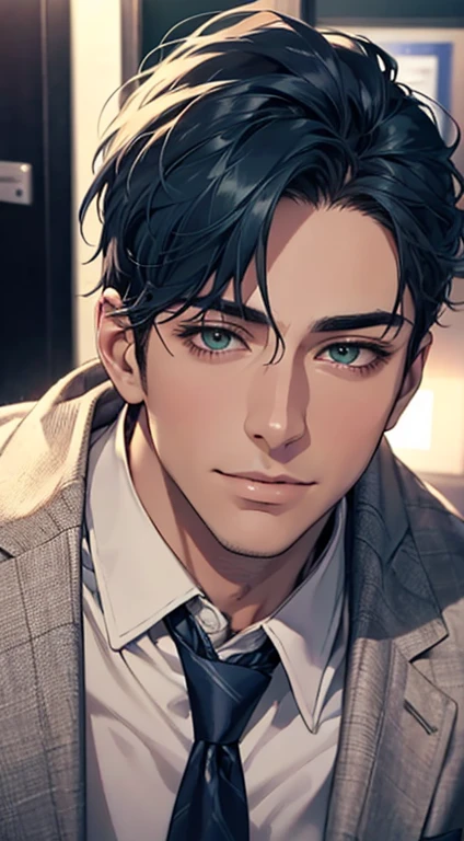 (Highest quality,4K,8K,High resolution,masterpiece:1.2),Super detailed,(Realistic,photoRealistic,photo-Realistic:1.37),1 person,34 years old,Mature Men,Beautiful skin、very handsome,Expressionless smile in love,Short blue hair,green eyes,Sharp Eyes,A perfect face without a doubt,Businessman, CEO, Office Background,Cinema Lighting,HDR image,tie、