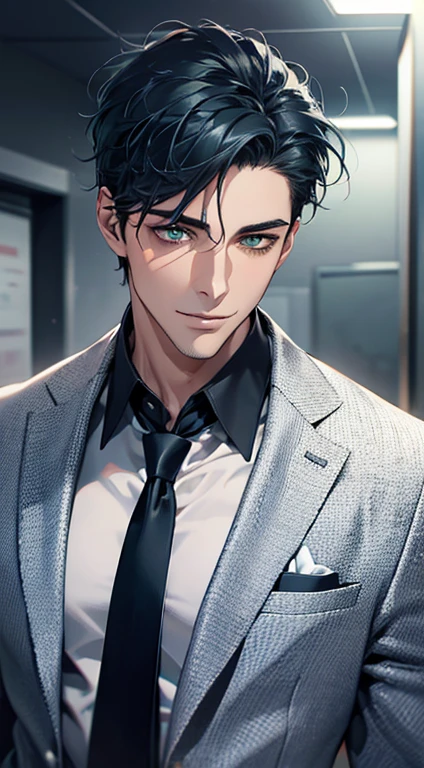 (Highest quality,4K,8K,High resolution,masterpiece:1.2),Super detailed,(Realistic,photoRealistic,photo-Realistic:1.37),1 person,34 years old,Mature Men,Beautiful skin、very handsome,Expressionless smile in love,Short blue hair,green eyes,Sharp Eyes,A perfect face without a doubt,Businessman, CEO, Office Background,Cinema Lighting,HDR image,tie、