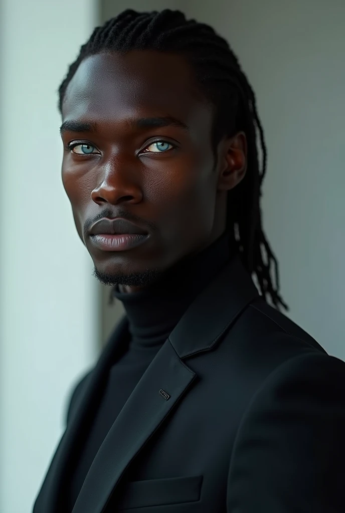 Create an image of a black guy with straight hair, blue eyes, thin and tall With blue eyes, Thin and tall 