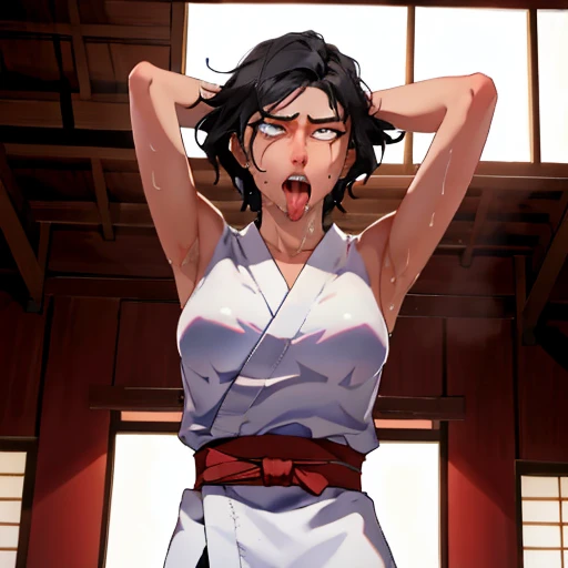 ((((masterpiece, best quality, high resolution)))), Extremely detailed 8K, 1 female, wearing a white Karate gi, (ahegao),white eyes, Small breasts, sash, japanese clothes,  No underwear,No eyeballs, Facing the audience, looking at the audience, tired, from below, (Exposed armpit:1.1), ((armpit:1.2)), sexy, Sweating, More and more sweat,(ahegao), (Roll your eyes),  open mouth, Sticking out tongue, saliva, Slobber,Skinny, raise arms, (arms above head:1.5)(Ultra HD, Ultra-detailed, Highly detailed, Highly realistic, Ultra-realistic, photograph realistic), (1girl:1.5), (Realistic black hair), (dynamic poses), facing at camera, looking at viewer, (slightly serious face), (perky breasts:1.2), (beautiful detailed face, beautiful detailed eyes), ((worn out karate gi)), (preparing for a fight), sweat, glow, (sunbeam, sunlight), ((cowboy shot)), inside a training gym, seductive, EnvyBetterHands LoCon,