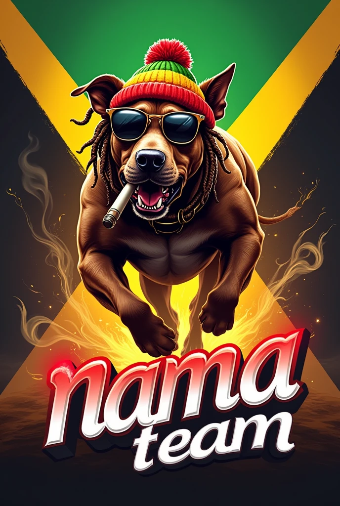 text "nama team"full brown bull terrier mix brown bull terrier mix brown malinois muscular, running brown legs, dreadlocks,wearing a hat beanie red yellow green and smoking cigar cigarette, wearing cool glasses standing, brown body color, futuristic and dynamic design. The dog has a bepita in the reflection. The text red yellow color 'nama team" is written on the object that is emitting smoke. silver and red yellow black hologram emblem, The jamaica flag background