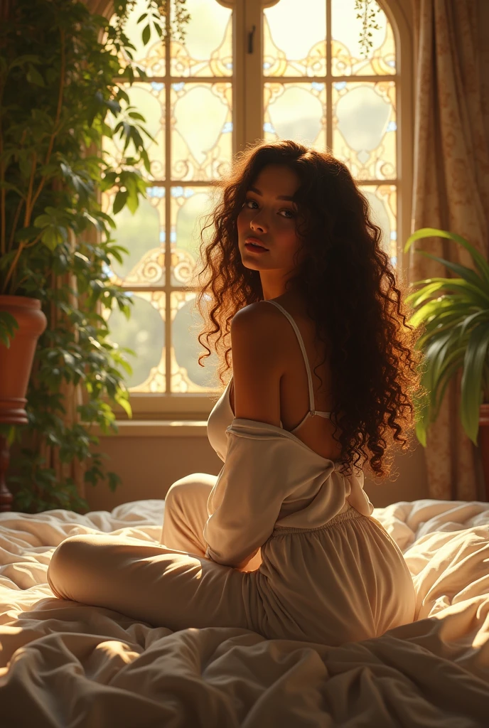 (photorealism:1.2), beautiful woman, sitting on bed, wearing loose off-shoulder top, pajama pants, long curly hair, indoors, soft lighting, plants in background, window with sunlight, cozy room, relaxed pose, realistic, intricate details, warm colors, stained glass, art nouveau, by Greg Rutkowski, by Alphonse Mucha