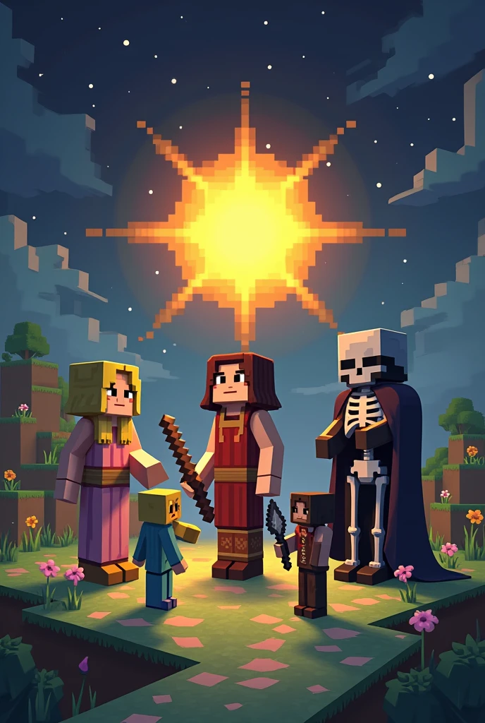 Create an image with characters that have Demeter, Eris, Ares, Pluto and Thanatos that are in the minecraft style and say Sun Roleplay