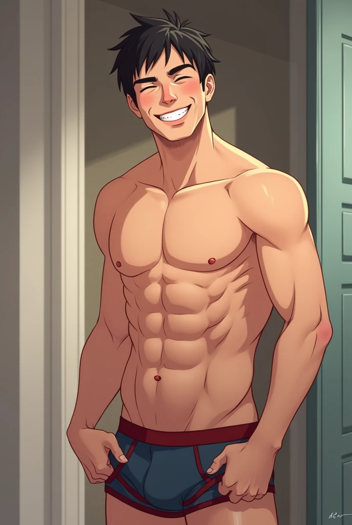 Anime man smiling shirtless taking off his boxers and you can see his pubic hair and a bit of his penis