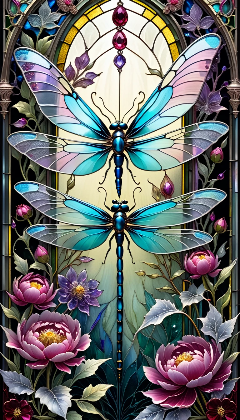 triadic colors, cinematic, official art, close fairytale transparent glass dragonfly ruby peony flowers, ice hoarfrost, baroque, Craola, highly detailed stained glass wings, amethyst crystals, labradorite iridescent crystals, Andy Kehoe, John Blanche, complex highly detailed background,  book detailed illustration, fantasy, filigree, filigree detailed, intricated, cute
