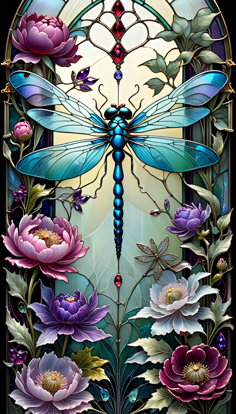 triadic colors, cinematic, official art, close fairytale transparent glass dragonfly ruby peony flowers, ice hoarfrost, baroque, Craola, highly detailed stained glass wings, amethyst crystals, labradorite iridescent crystals, Andy Kehoe, John Blanche, complex highly detailed background, child book detailed illustration, fantasy, filigree, filigree detailed, intricated, cute
