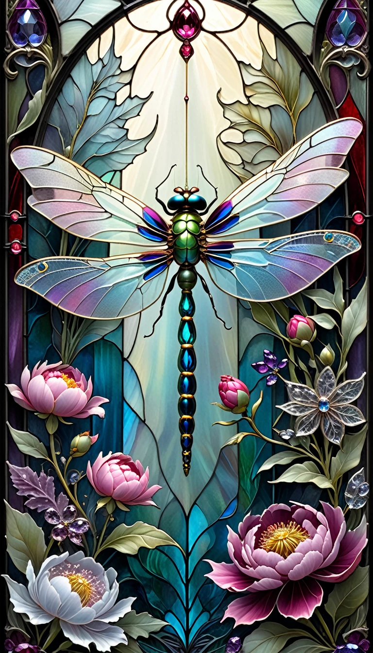 triadic colors, cinematic, official art, close fairytale transparent glass dragonfly ruby peony flowers, ice hoarfrost, baroque, Craola, highly detailed stained glass wings, amethyst crystals, labradorite iridescent crystals, Andy Kehoe, John Blanche, complex highly detailed background, book detailed illustration, fantasy, filigree, filigree detailed, intricated, cute