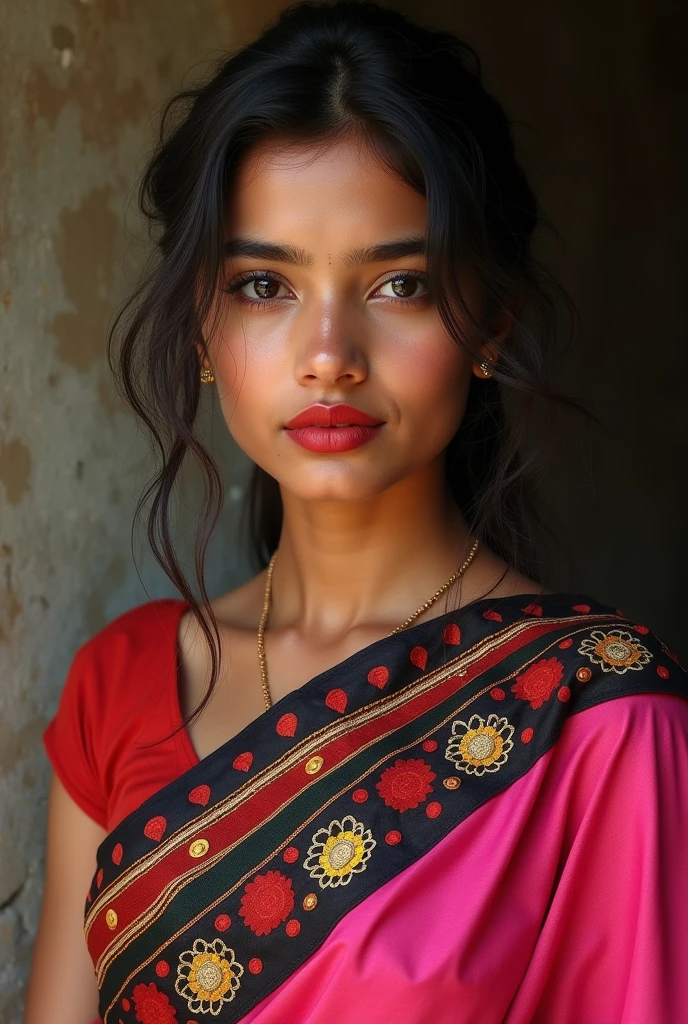 18 year old indian girl who is from the village and is wearing a pink, black, red, yellow,salwar suit and red lipstick
