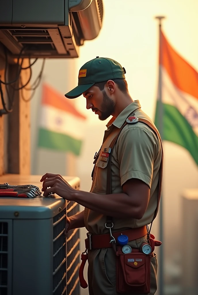 A Air Conditioner technician with Flag 15 August 