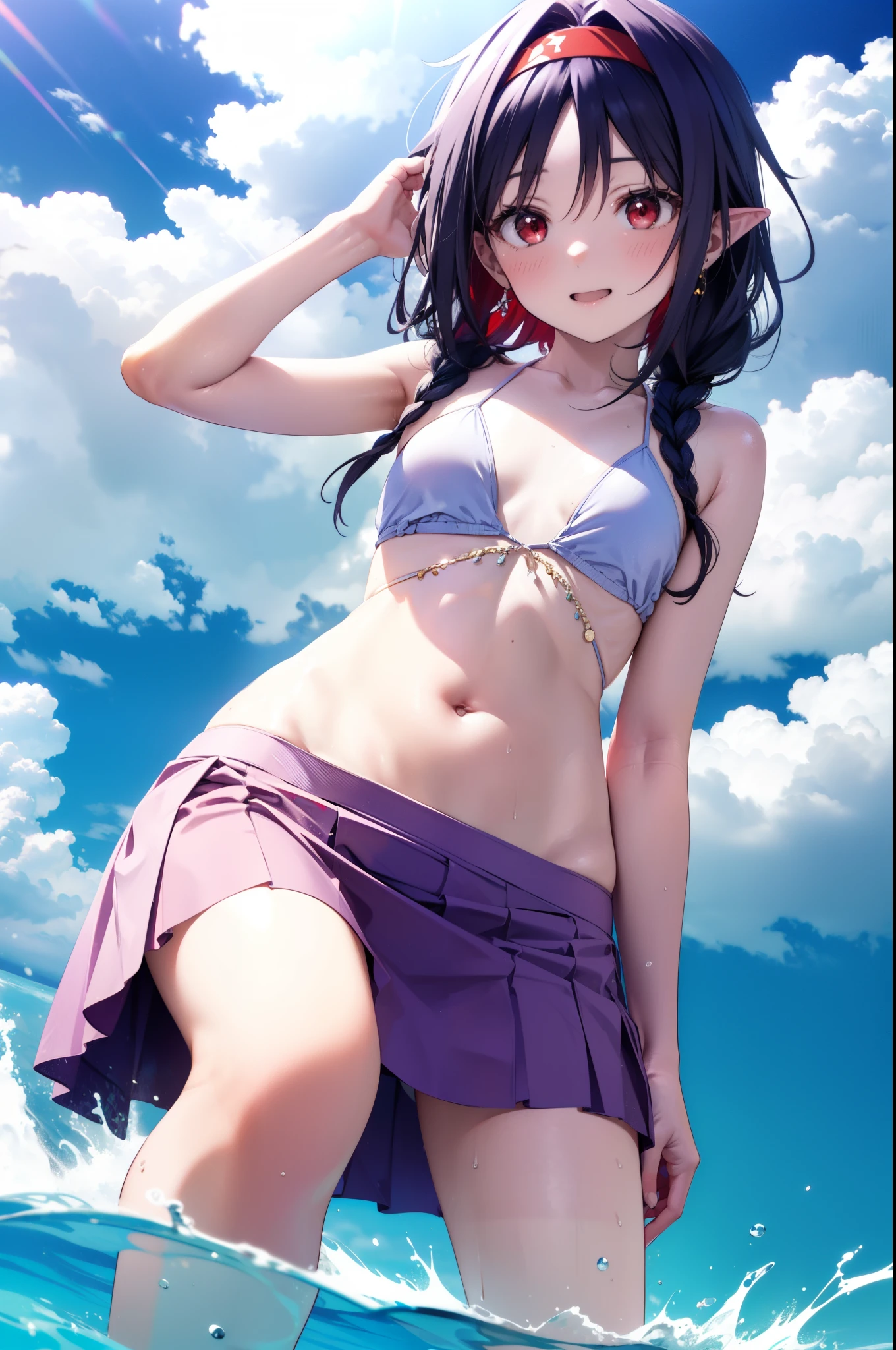 yuukikonno, Yuuki Konno, hair band, Long, thick braids, Pointed Ears, Purple Hair, (Red eyes:1.5), (Small breasts:1.2), smile,blush,Open your mouth,Purple bikini string swimsuit,Pareo Swimsuit,Belly button,A thin long skirt is wrapped around her waist,barefoot,Water Play,Daytime,Clear skies,True Summer,whole bodyがイラストに入るように,Sandy Beachを散歩している,
break looking at viewer, whole body, 
break outdoors, Beach,Sandy Beach,
break (masterpiece:1.2), Highest quality, High resolution, unity 8k wallpaper, (figure:0.8), (Beautiful attention to detail:1.6), Highly detailed face, Perfect lighting, Highly detailed CG, (Perfect hands, Perfect Anatomy),