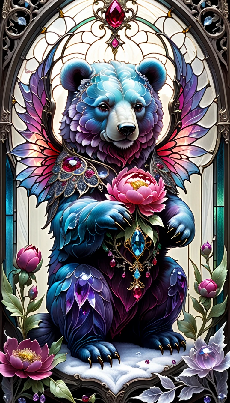triadic colors, cinematic, official art, close fairytale transparent glass bear ruby peony flowers, ice hoarfrost, baroque, Craola, highly detailed stained glass wings, amethyst crystals, labradorite iridescent crystals, Andy Kehoe, John Blanche, complex highly detailed background, child book detailed illustration, fantasy, filigree, filigree detailed, intricated, cute