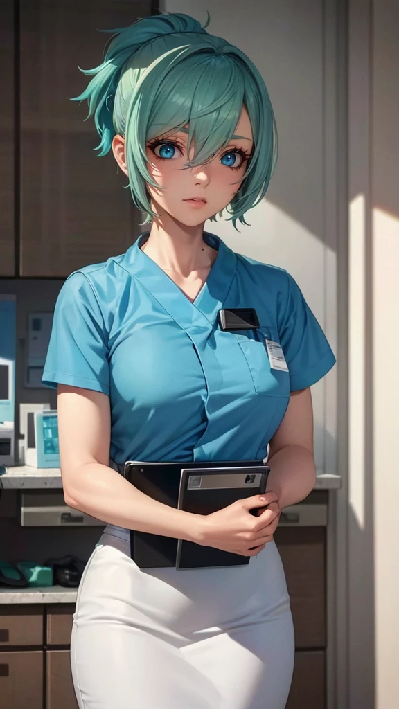 A tomboy nurse with short pastel green hair and captivating blue eyes, working in a hospital scene, (best quality,4k,8k,highres,masterpiece:1.2),ultra-detailed,(realistic,photorealistic,photo-realistic:1.37),detailed medical equipment,modern hospital interior,soft dramatic lighting,vibrant colors,cinematic composition,emotive expression,dynamic pose,intricate details,seamless integration