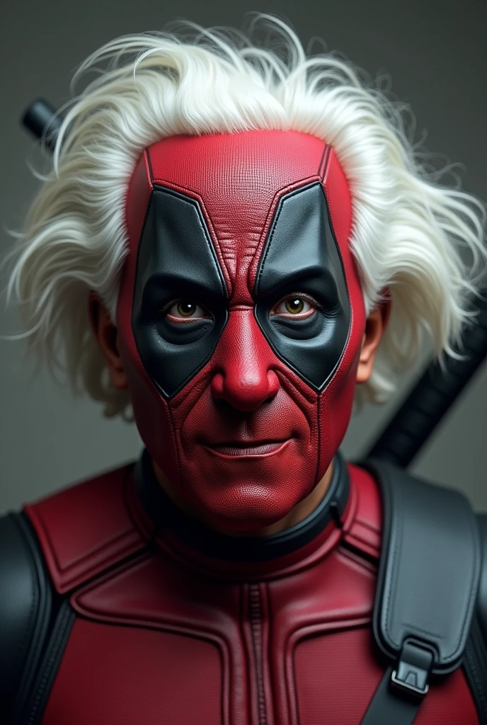 ALBERT EINSTEIN DRESSED AS DEADPOOL TAKING OFF HIS MASK, anatomically correct, textured skin, super detail, high details, award winning, best quality