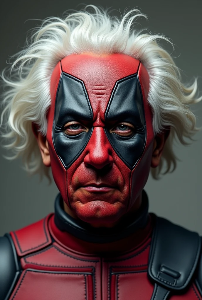 ALBERT EINSTEIN DRESSED AS DEADPOOL TAKING OFF HIS MASK, anatomically correct, textured skin, super detail, high details, award winning, best quality
