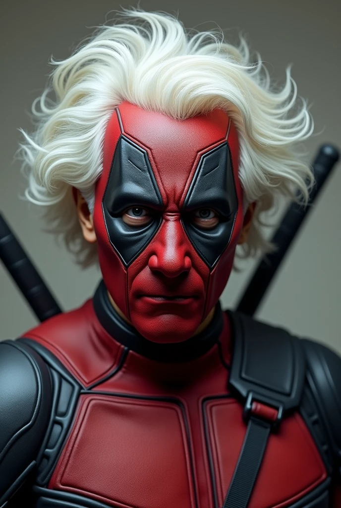 ALBERT EINSTEIN DRESSED AS DEADPOOL TAKING OFF HIS MASK, anatomically correct, textured skin, super detail, high details, award winning, best quality