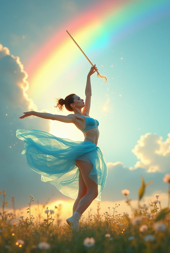 A baton twirling baton surrounded by a rainbow morning Light blue clothes