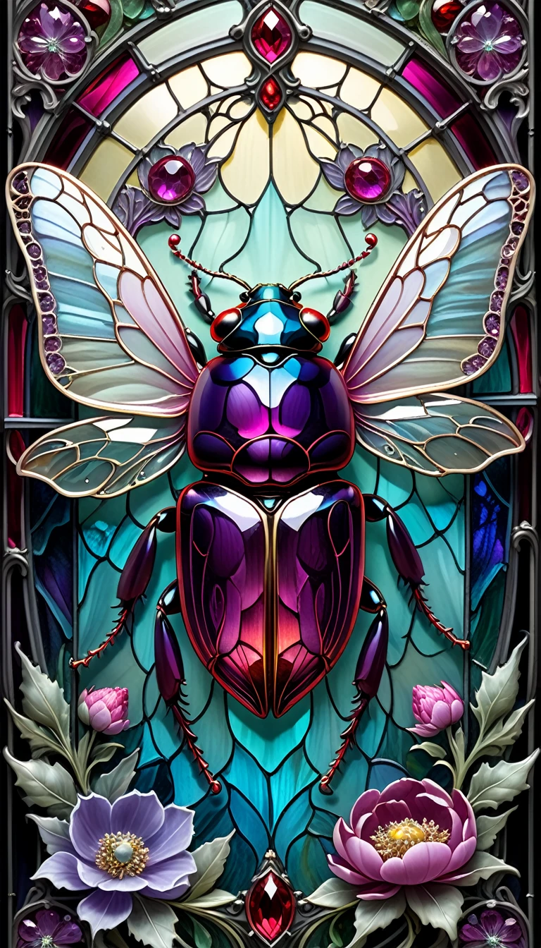 triadic colors, cinematic, official art, close fairytale transparent glass beetle ruby peony flowers, ice hoarfrost, baroque, Craola, highly detailed stained glass wings, amethyst crystals, labradorite iridescent crystals, Andy Kehoe, John Blanche, complex highly detailed background,  book detailed illustration, fantasy, filigree, filigree detailed, intricated, cute
