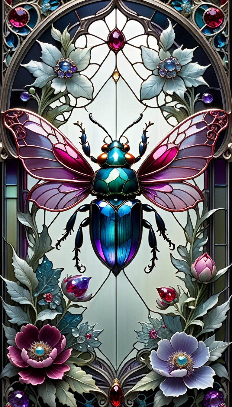 triadic colors, cinematic, official art, close fairytale transparent glass beetle ruby peony flowers, ice hoarfrost, baroque, Craola, highly detailed stained glass wings, amethyst crystals, labradorite iridescent crystals, Andy Kehoe, John Blanche, complex highly detailed background, child book detailed illustration, fantasy, filigree, filigree detailed, intricated, cute