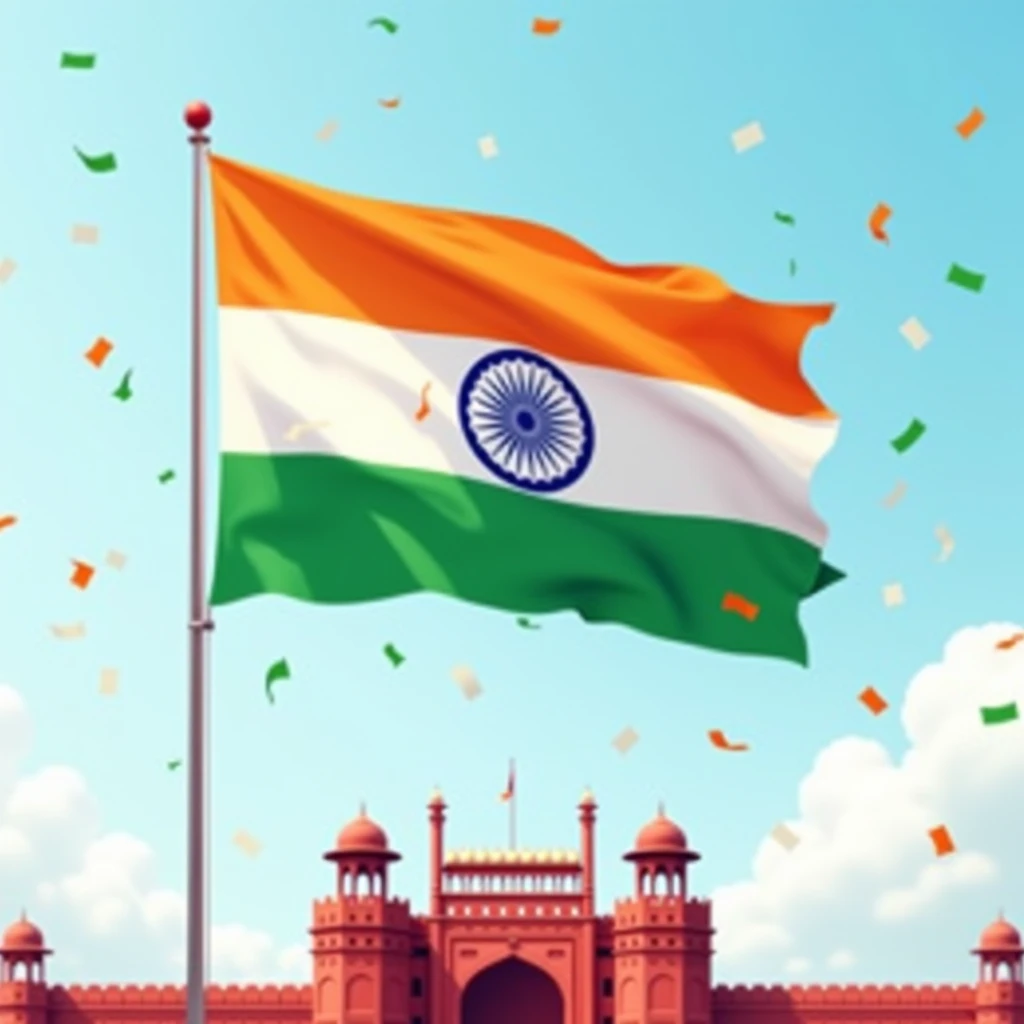 in the center a big India Flag that is not waving in the wind, light blue sky with minimal clouds and red fort as backdrop. saffron, green and white confetti