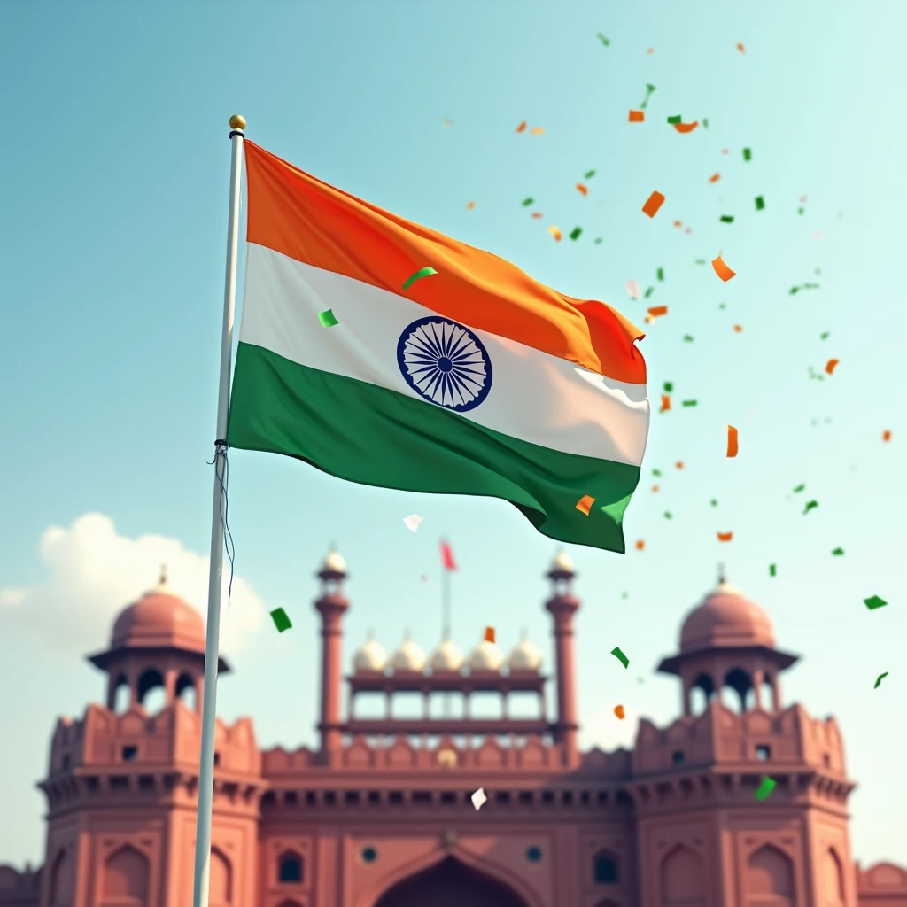in the center a big India Flag that is not waving in the wind, light blue sky with minimal clouds and red fort as backdrop. saffron, green and white confetti