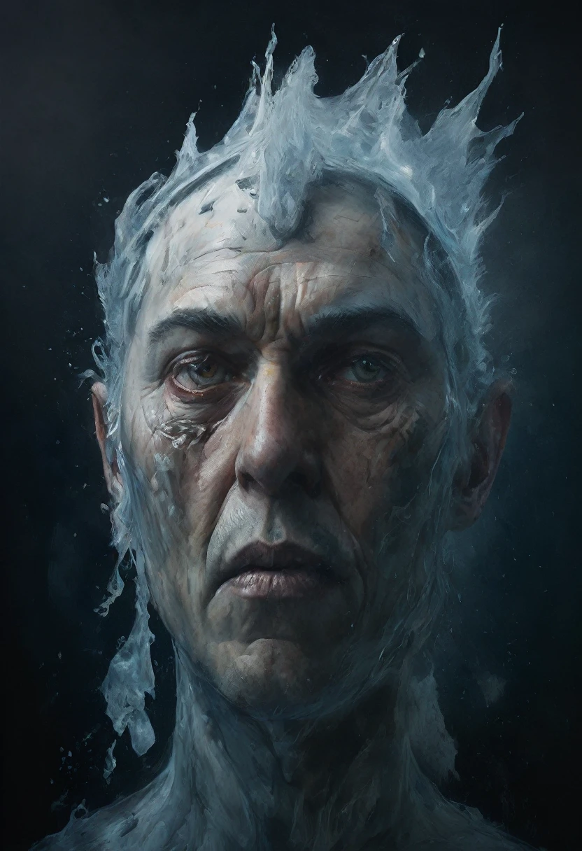 a highly detailed, photo-realistic painting of a portrait of an old emperor figure made of ice bursting under water, desolated icy surreal landscape, Denis Forkas painting style, Nicola Samorì painting style, professional painting, oil on canvas, dramatic lighting, vivid colors, extremely detailed, cinematic composition, photorealistic textures, intricate details, dramatic atmosphere, deep shadows, high contrast, moody tones, dramatic lighting, ethereal, dreamlike, fantastical, creepy, sinister, melting ink, centre composition, sense of awe, dramatic lighting, impressionism, blur movement effect, 