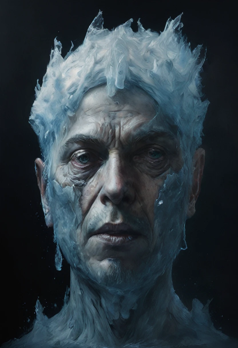 a highly detailed, photo-realistic painting of a portrait of an old emperor figure made of ice bursting under water, desolated icy surreal landscape, Denis Forkas painting style, Nicola Samorì painting style, professional painting, oil on canvas, dramatic lighting, vivid colors, extremely detailed, cinematic composition, photorealistic textures, intricate details, dramatic atmosphere, deep shadows, high contrast, moody tones, dramatic lighting, ethereal, dreamlike, fantastical, creepy, sinister, melting ink, centre composition, sense of awe, dramatic lighting, impressionism, blur movement effect, 