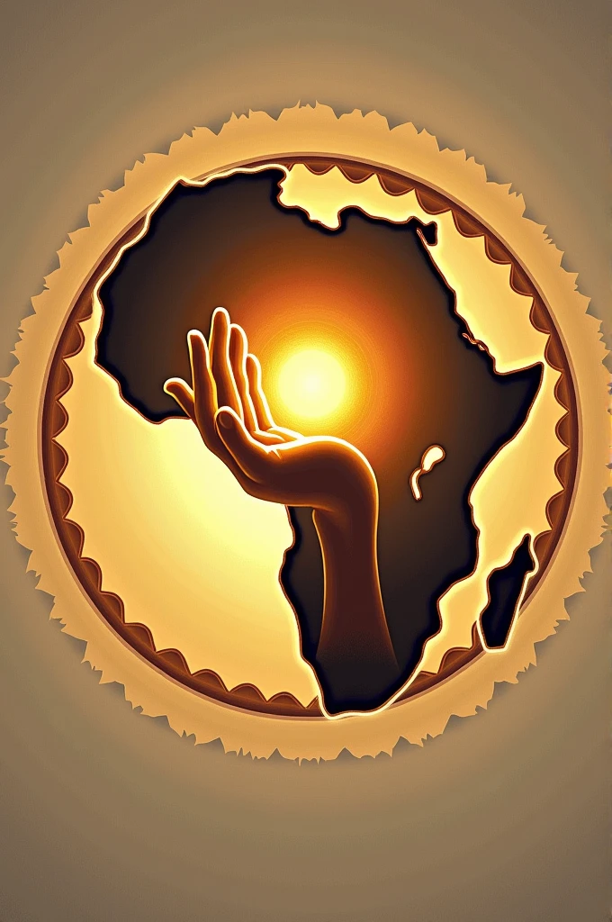 An illustration of the map of Africa with a hand holding a light inside The hand should not extend beyond the map The map should be surrounded by a circle 