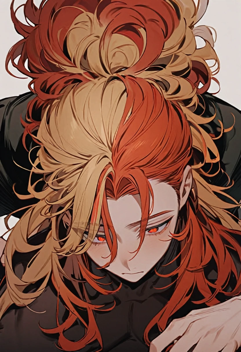 A boy with long, messy orange-red hair that is combed upwards on the back of his head and straight from the nape of his neck, reaching down to his waist. On top of his head he has three unruly blonde locks that are different from his hair color. His eyes are reddish and his complexion is dark.