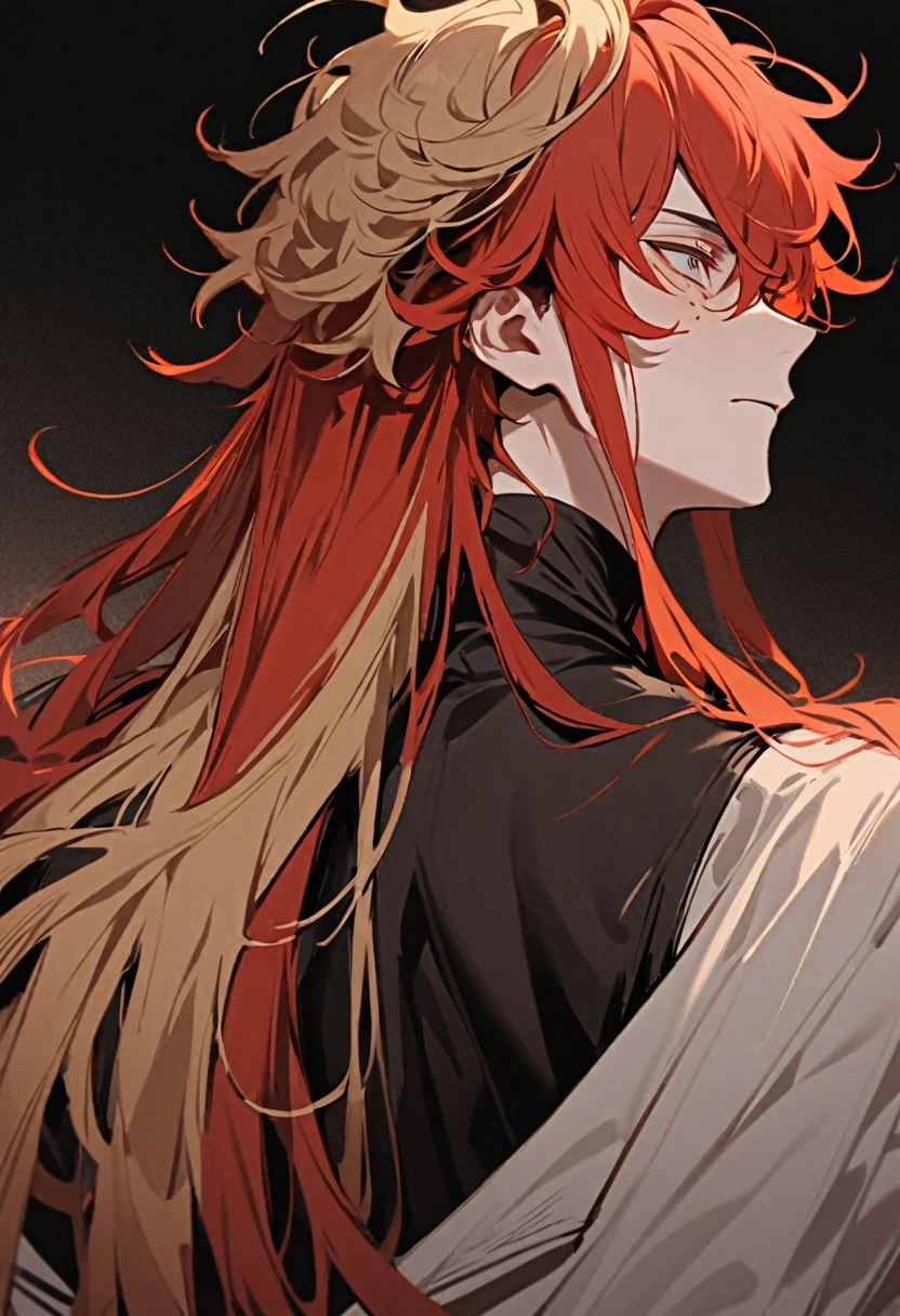 A boy with long, messy orange-red hair that is combed upwards on the back of his head and straight from the nape of his neck, reaching down to his waist. On top of his head he has three unruly blonde locks that are different from his hair color. His eyes are reddish and his complexion is dark.