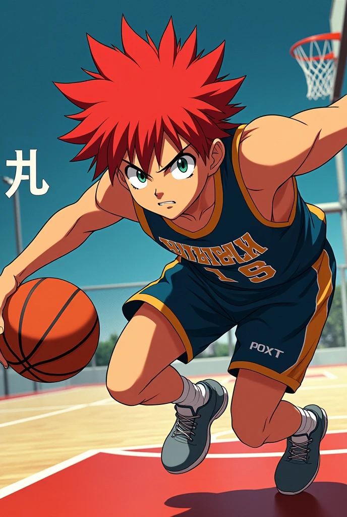 A horizontal image of the protagonist of Slam Dunk, Eiun, with the kanji for dribbling, with red hair, and a large, mature face.