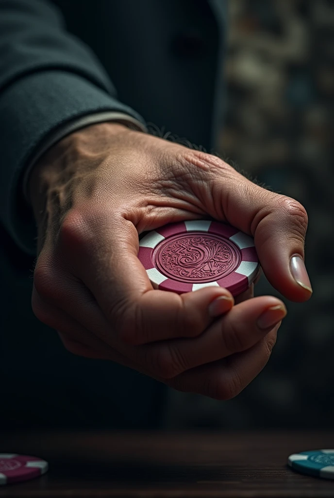 Hand holding a poker chip。Impressive。