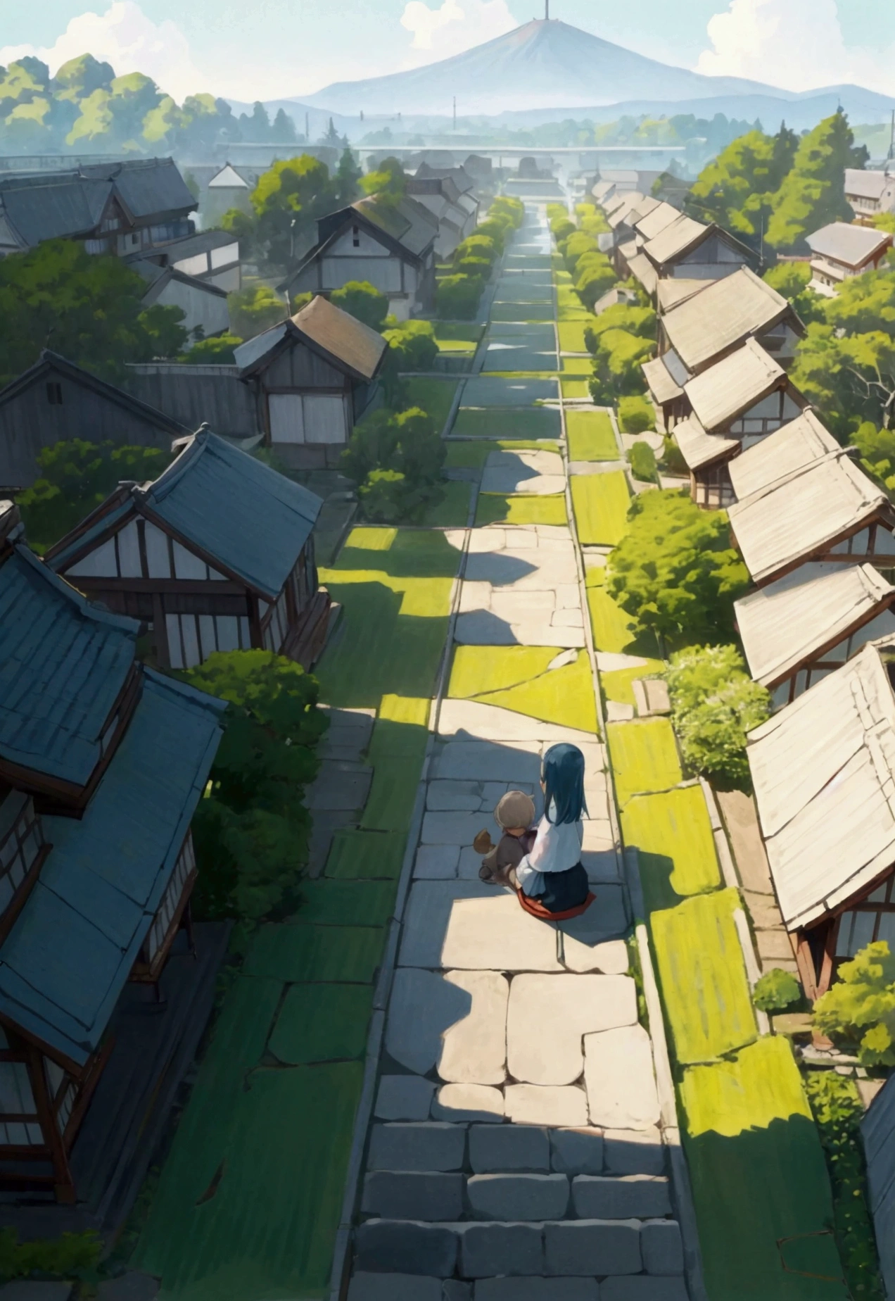 Generate a nostalgic anime-style image of a peaceful Japanese village setting, viewed from a bird's-eye perspective. The scene includes a quiet residential area or park with traditional wooden houses, stone paths, and lush greenery. Children are seen sitting on a bench or walking along the path with a small white cat, creating a sense of warmth and tranquility. The lighting is soft, with gentle shadows, evoking a sense of calm and quietude. The bird's-eye view should emphasize the layout of the area, showing the relation between the buildings, paths, and natural surroundings. The overall color palette should include soft blues, greens, and warm earth tones to emphasize the serene atmosphere. The style should resemble classic hand-drawn anime from the late 20th century, with subtle details and a focus on capturing the quiet, everyday moments of rural life.
