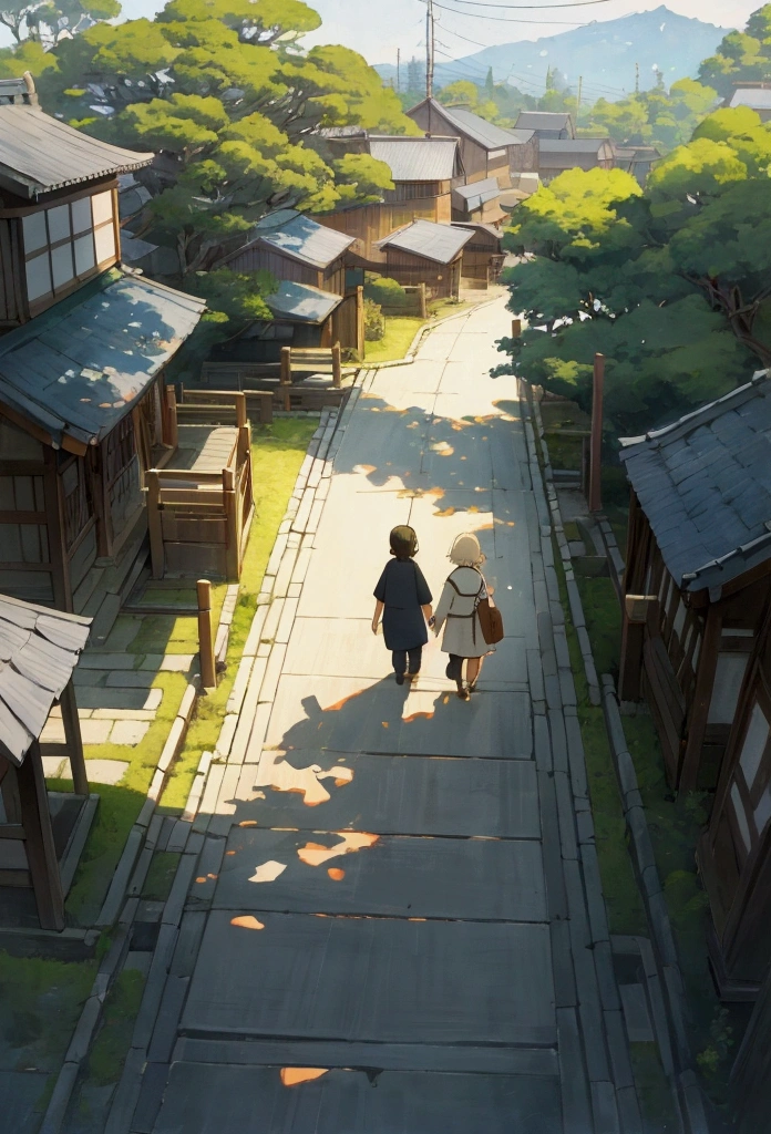 Generate a nostalgic anime-style image of a peaceful Japanese village setting, viewed from a bird's-eye perspective. The scene includes a quiet residential area or park with traditional wooden houses, stone paths, and lush greenery. Children are seen sitting on a bench or walking along the path with a small white cat, creating a sense of warmth and tranquility. The lighting is soft, with gentle shadows, evoking a sense of calm and quietude. The bird's-eye view should emphasize the layout of the area, showing the relation between the buildings, paths, and natural surroundings. The overall color palette should include soft blues, greens, and warm earth tones to emphasize the serene atmosphere. The style should resemble classic hand-drawn anime from the late 20th century, with subtle details and a focus on capturing the quiet, everyday moments of rural life.