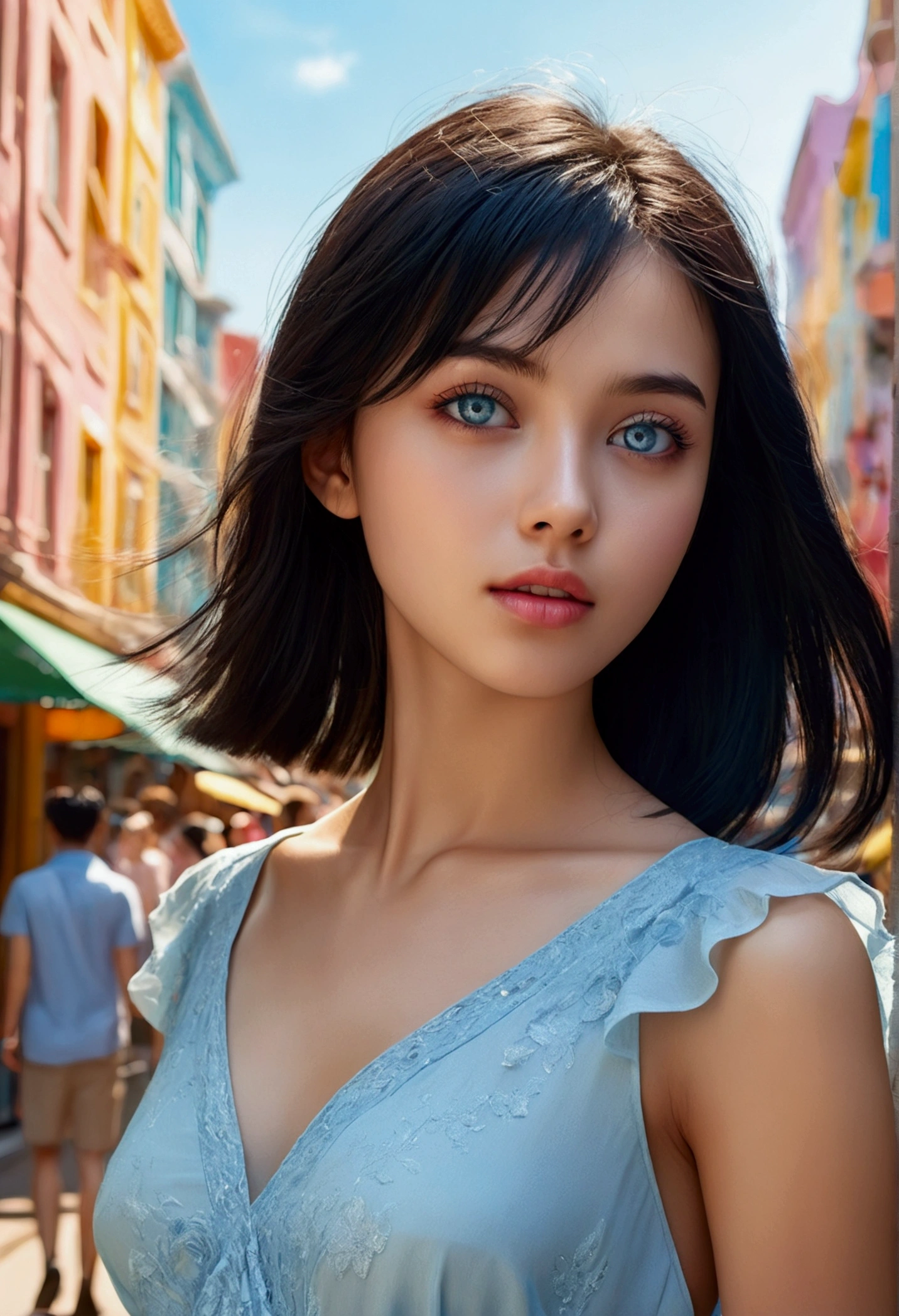 (highres:1.2),ultra-detailed,(realistic:1.37),beautiful black hair girl with light blue eye, slim face, stylish short straight cut, dressed in a light blue summer dress, standing on a vibrant city street, surrounded by bustling activity and colorful buildings. The sunlight gently illuminates her bright flawless skin, creating a soft and ethereal glow. Her eyes are empty but light blue coloured eye. Her skin is white, she is dazzling and attractive