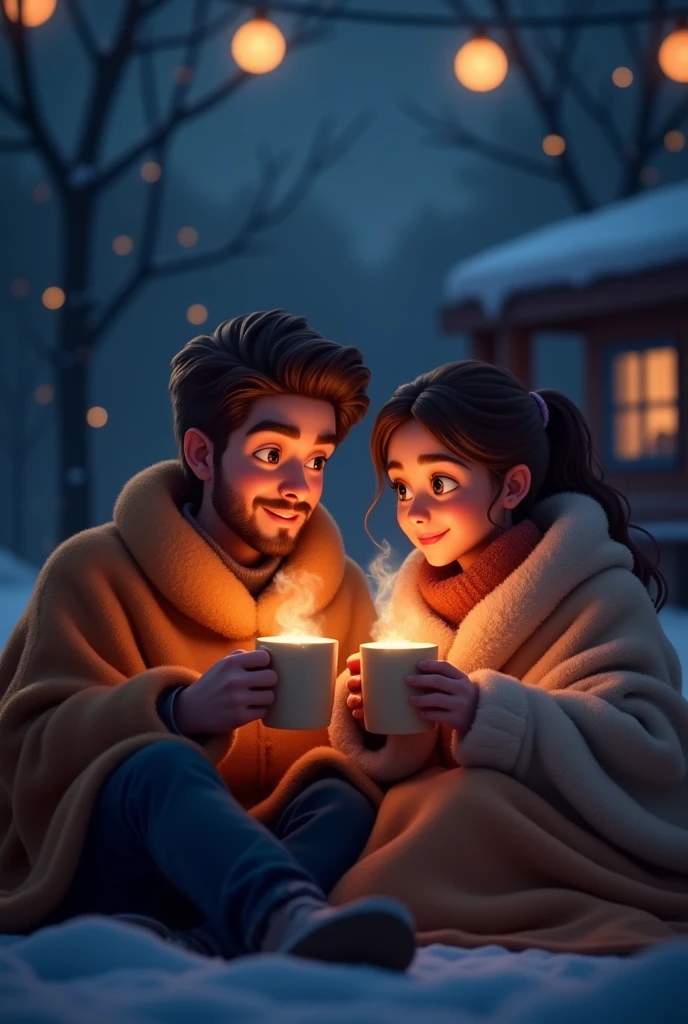 The view of a couple of friends (man and woman)  sitting, covered with a blanket during the cold night while sharing a coffee