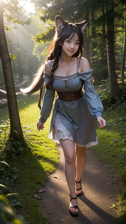 (8k, RAW photo, best quality, masterpiece), (photorealistic), outstanding details, ultra-high resolution, anatomically correct, textured skin, (Extremely precise and accurate anatomy),
Ultra Detailed Face, Detailed Eyes,
One girl, (whole body:1.4), (full body:1.4), Cute Japanese girl , 20-year-old, ( Wolf Ears) , (wolf tail:1.4),
(levil grin), (Mouth slightly open), (cuspid) ,
Side braids, light Brown Hair,
curvy, beautiful breasts,
(medieval European summer clothes:1.2), lightly dressed, short dress,
in the forest, grassland, wilderness, Forest,
Background blur, far and near method,
morning sun, (backlighting),
reflection light from below,
atmospheric perspective, depth of field,
(dramatic lighting), cinematic lighting,
Artistic, Baroque, Cinematography, Portrait Photography,