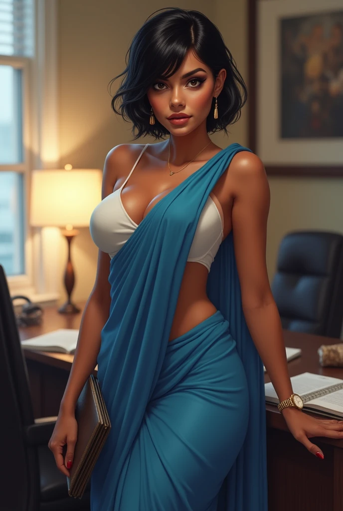 She is a personal assistant. She has a black short hair. She is curvy skinny tan color girl. Her tits are normal in size. Her dress color is blue and white. Her earing are small and simple. She wears a wrist watch in her left hand. She is standing near the desk holding her files in her hands. She is so horny and she is so hot. She is posing as she want to have sex with the boss. She is so sexy. She is wearing a Blue saree with a deepcut.