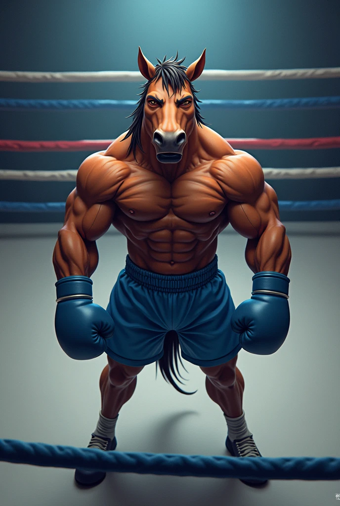 Detailed picture of a confident male anthro, (horse, chocolate brown) streached at full length on he's back on a boxing ring, trending on Art Station, Ross Tran, ruan jia, foxovh, ((tired expression, eyes closing, wearing blue shorts, ((blue boxing gloves,)) (((dynamic lighting,))), composition from directly above,
