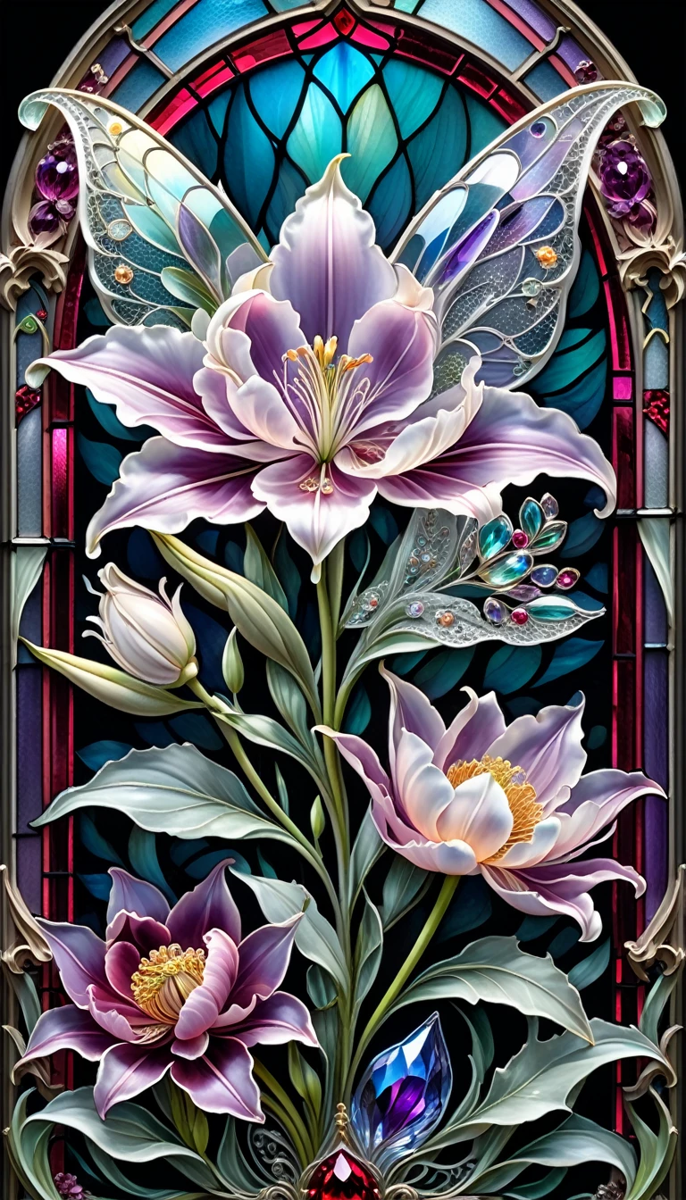 triadic colors, cinematic, official art, close fairytale transparent glass lily ruby peony flowers, ice hoarfrost, baroque, Craola, highly detailed stained glass wings, amethyst crystals, labradorite iridescent crystals, Andy Kehoe, John Blanche, complex highly detailed background, ***** book detailed illustration, fantasy, filigree, filigree detailed, intricated, cute
