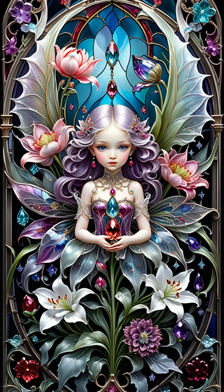 triadic colors, cinematic, official art, close fairytale transparent glass lily ruby peony flowers, ice hoarfrost, baroque, Craola, highly detailed stained glass wings, amethyst crystals, labradorite iridescent crystals, Andy Kehoe, John Blanche, complex highly detailed background, child book detailed illustration, fantasy, filigree, filigree detailed, intricated, cute