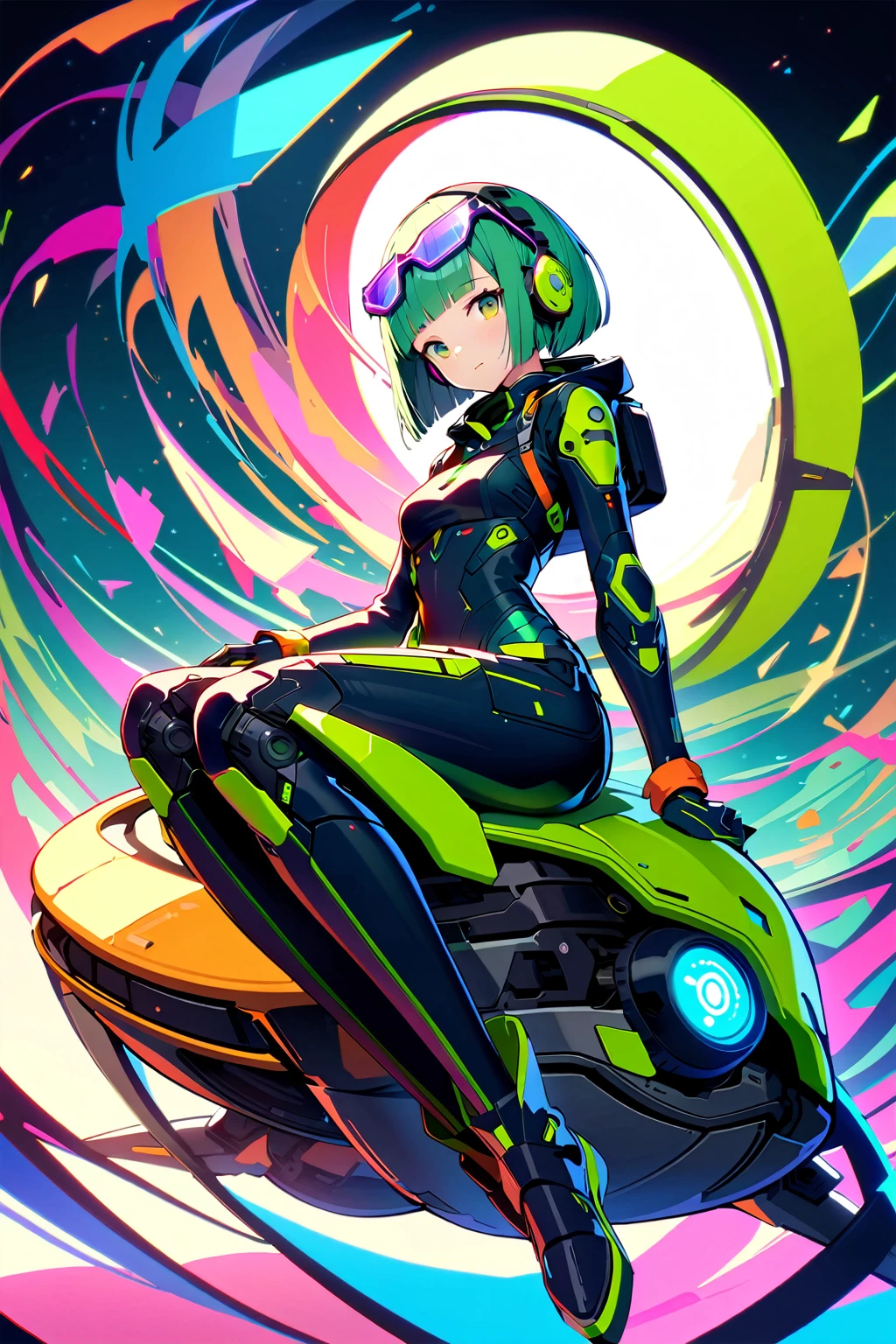 (extremely detailed fine touch:1.3), (((Futuristic eyewear:1.3))), (wear headphones around:1.0), green short hair, blunt bangs, beautiful android girl, solo, full body, sitting on turtle, Futuristic Art,
