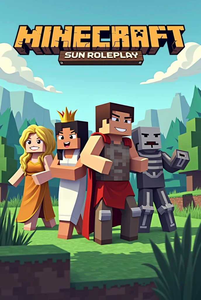 Create an image with characters that have Demeter, Eris, Ares, Pluto and Thanatos that are in the minecraft style and with the title written Sun Roleplay
