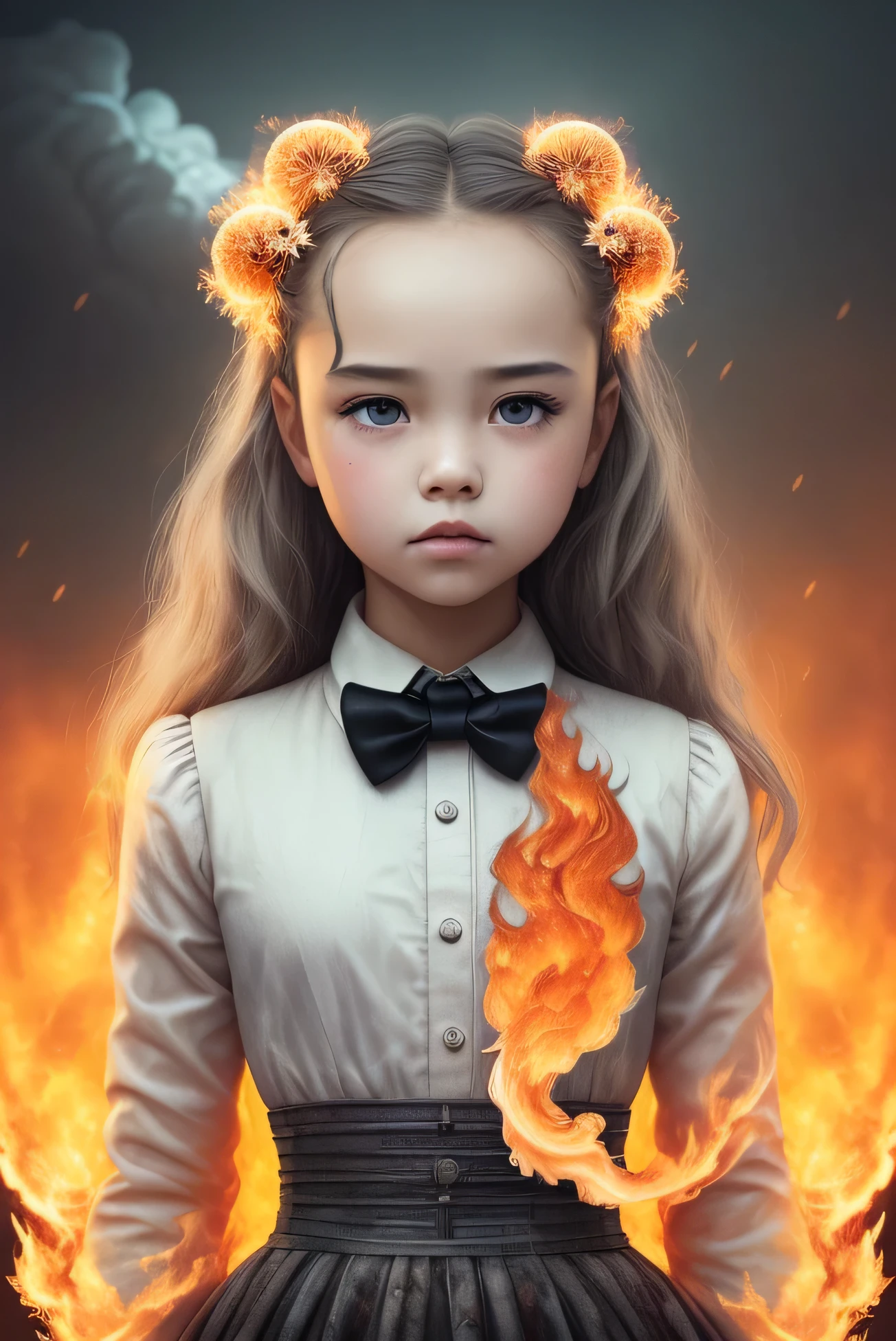 masterpiece,best quality, illustration,{beautiful detailed girl},beautiful detailed glow,(flames of war:1.2),(nuclear explosion behide:1.3),rain,detailed lighting,detailed water,(beautiful detailed eyes:1.1),expressionless,palace,azure hair,disheveled hair,long bangs,hairs between eyes,(whitegrey dress:1.1),black ribbon,white bowties,midriff,big forhead,blank stare,flower,long sleeves