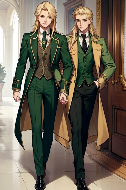 male, blonde long hair, gold eyes, (((1boy))), (((green Victorian coat))), (white dress shirt), (green pants), (black dress shoes), (red tie), handsome, long legs, smiling