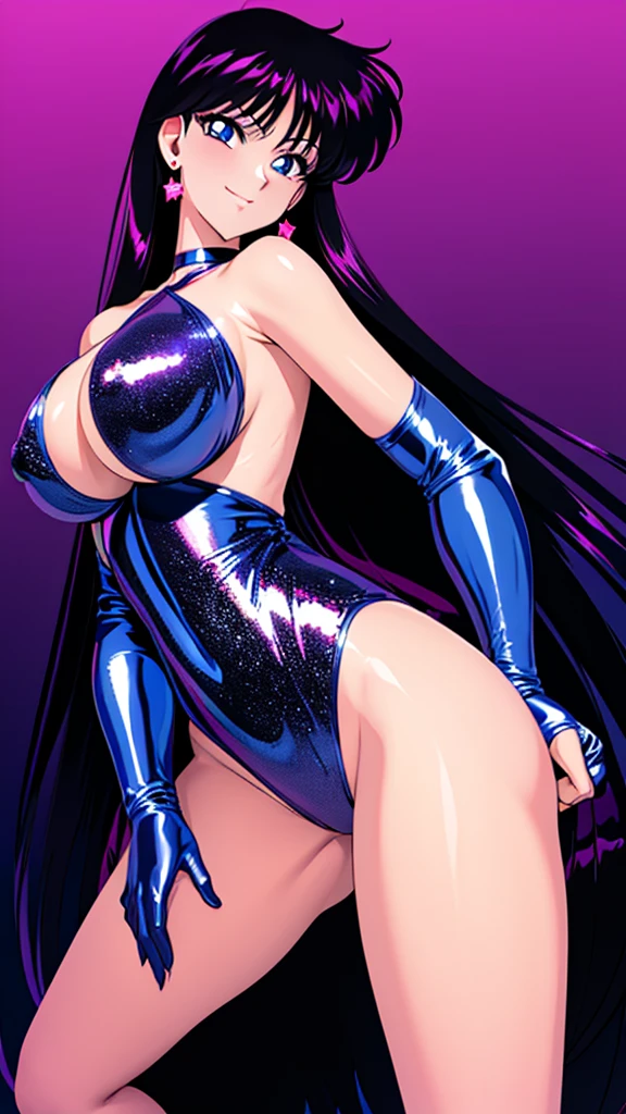 Erotic Rei Hino Tall, big-breasted adult wife Light blue sequin rubber suit off shoulder black background heart bedroom dark theme evil temptation excited condescending smile sexy pose