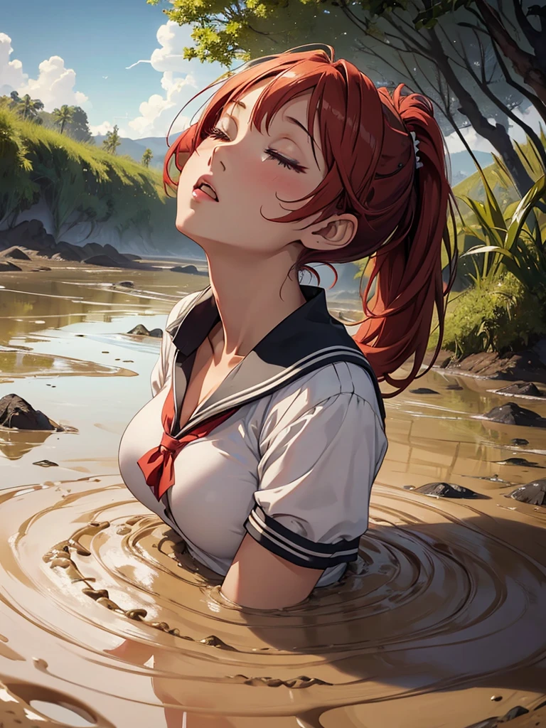 1girl, solo, masterpiece, best quality, high res, highly detailed, (illustration), beautiful detailed eyes, yuigahama yui, red hair ponytail, glossy lips, light makeup, orgasm, (looking up to the sky:1.5), intimate moment, school shirt, cleavage, (quicksand:1.4), (from side:0), bog, swampy, eyes closed, gasp